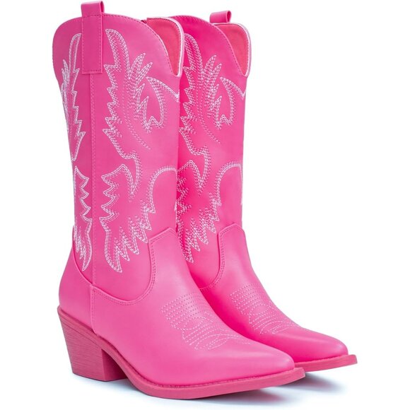 Women's Pink Embroidery Western Cowgirl Boots Pull On Pointy Toe Mid Calf - Picture 3 of 5